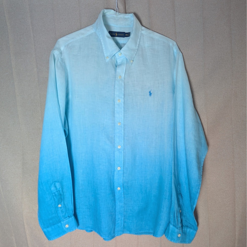 Ralph Lauren Mens XXL Linen Ombre Dip Dye Blue Long Sleeve Button Down Shirt